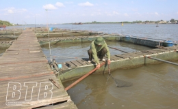 Bảo đảm an to&agrave;n hoạt động nu&ocirc;i c&aacute; lồng tr&ecirc;n s&ocirc;ng trước ảnh hưởng của mưa lũ