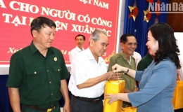 Ph&oacute; Chủ tịch nước V&otilde; Thị &Aacute;nh Xu&acirc;n tặng qu&agrave; người c&oacute; c&ocirc;ng tại Đồng Nai