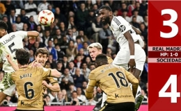 Kết quả b&agrave;n thắng Real Madrid vs Sociedad: 3-4, HP:1-0, chung cuộc: 5-4 (B&aacute;n kết lượt về c&uacute;p Nh&agrave; vua TBN 2024/25)