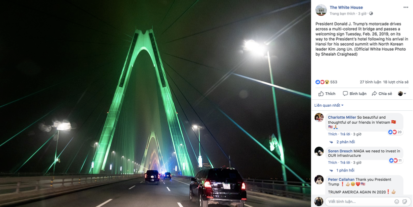 Cầu Nhật Tân bất ngờ xuất hiện trên fanpage của Nhà Trắng sau khi Tổng thống Trump tới Việt Nam