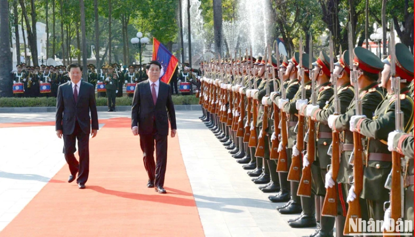 Lễ đ&oacute;n ch&iacute;nh thức Chủ tịch nước Lương Cường thăm cấp Nh&agrave; nước đến L&agrave;o