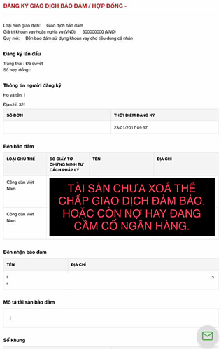 Thông tin tài sản chưa xóa thế chấp giao dịch đảm bảo hoặc còn nợ hay cầm cố ngân hàng.